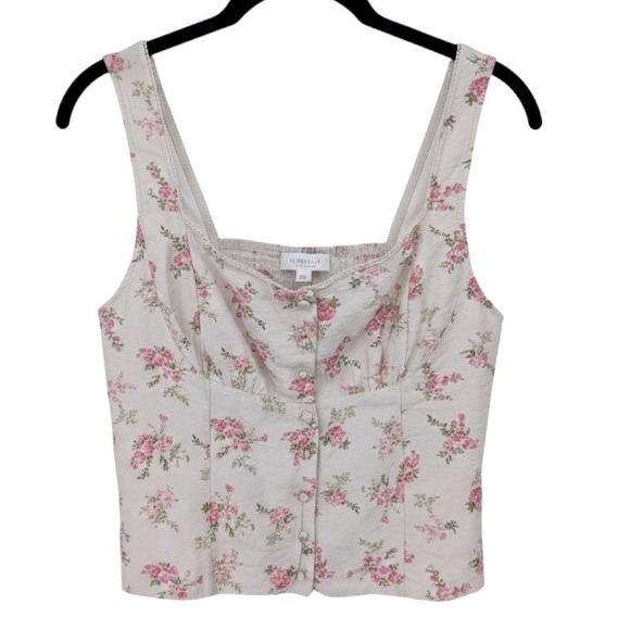 Kirious Tops - Coquette Cottagecore Top Women Large Cream Pink Floral Sleeveless Button Smocked